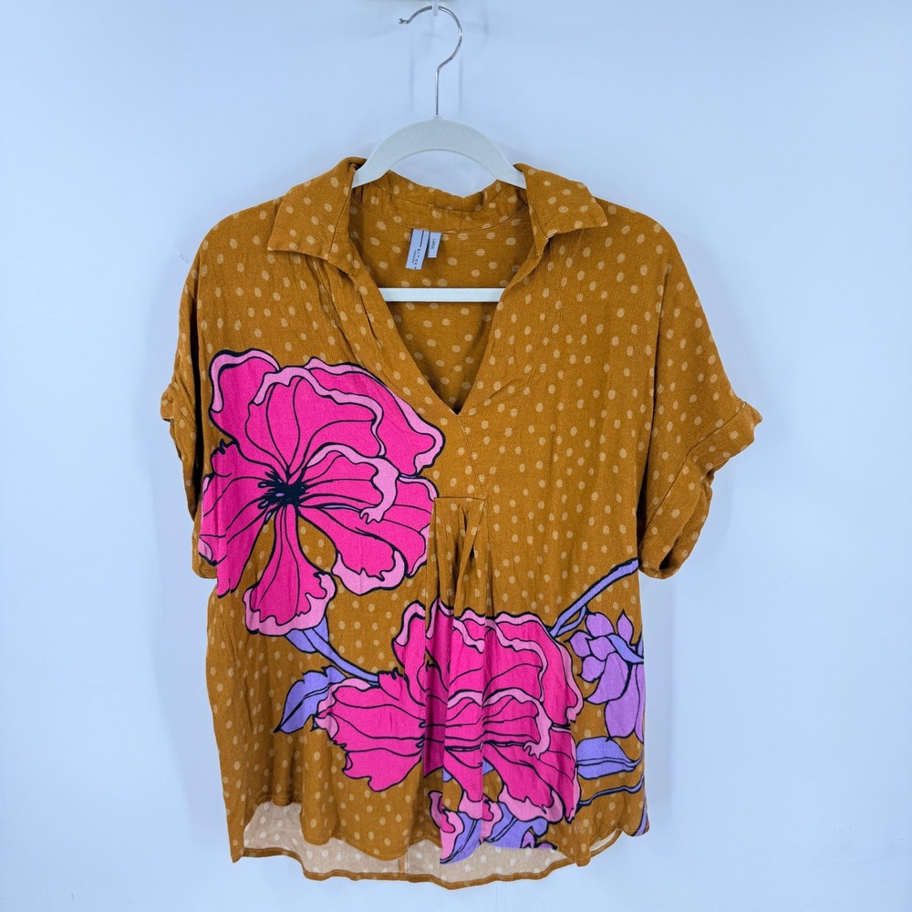 Blank London Polka Dot Blouse Brown Large Boho Chic Mustard Top Earthy Whmsical